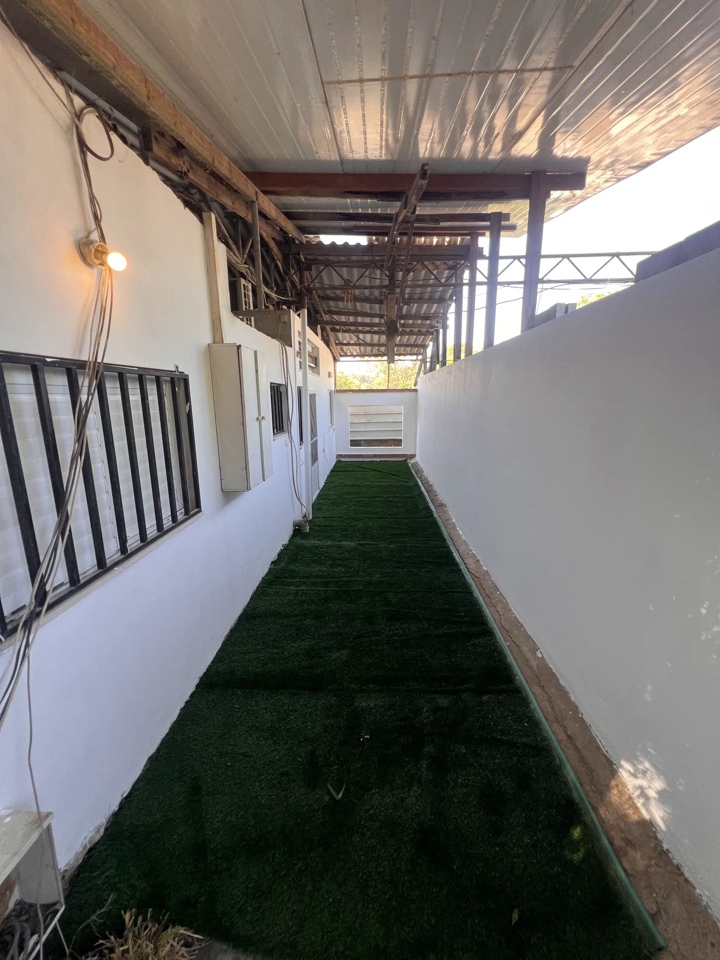 מסדרון חיצוני מחודש עם קירות צבועים ודשא סינטטי